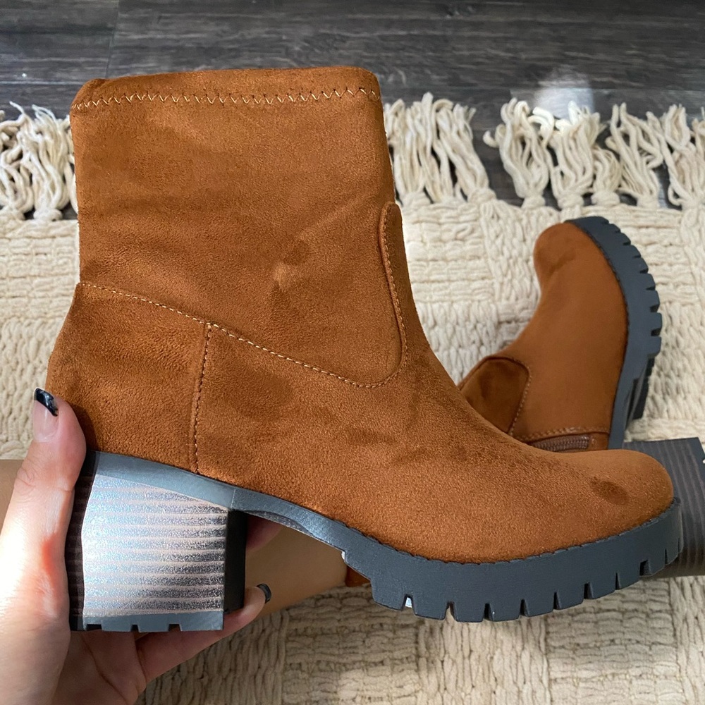 Caramel  Faux Suede High Top Stack Block Heel Ankle Boot